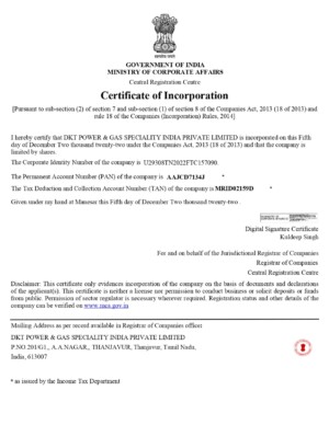 DKT Power & Gas Specialty India Pvt Ltd, Cert of Incorporation